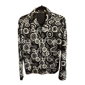 Laura Ashley Women's Jacket Large Black White Graphic Circles Embroidered Zipper